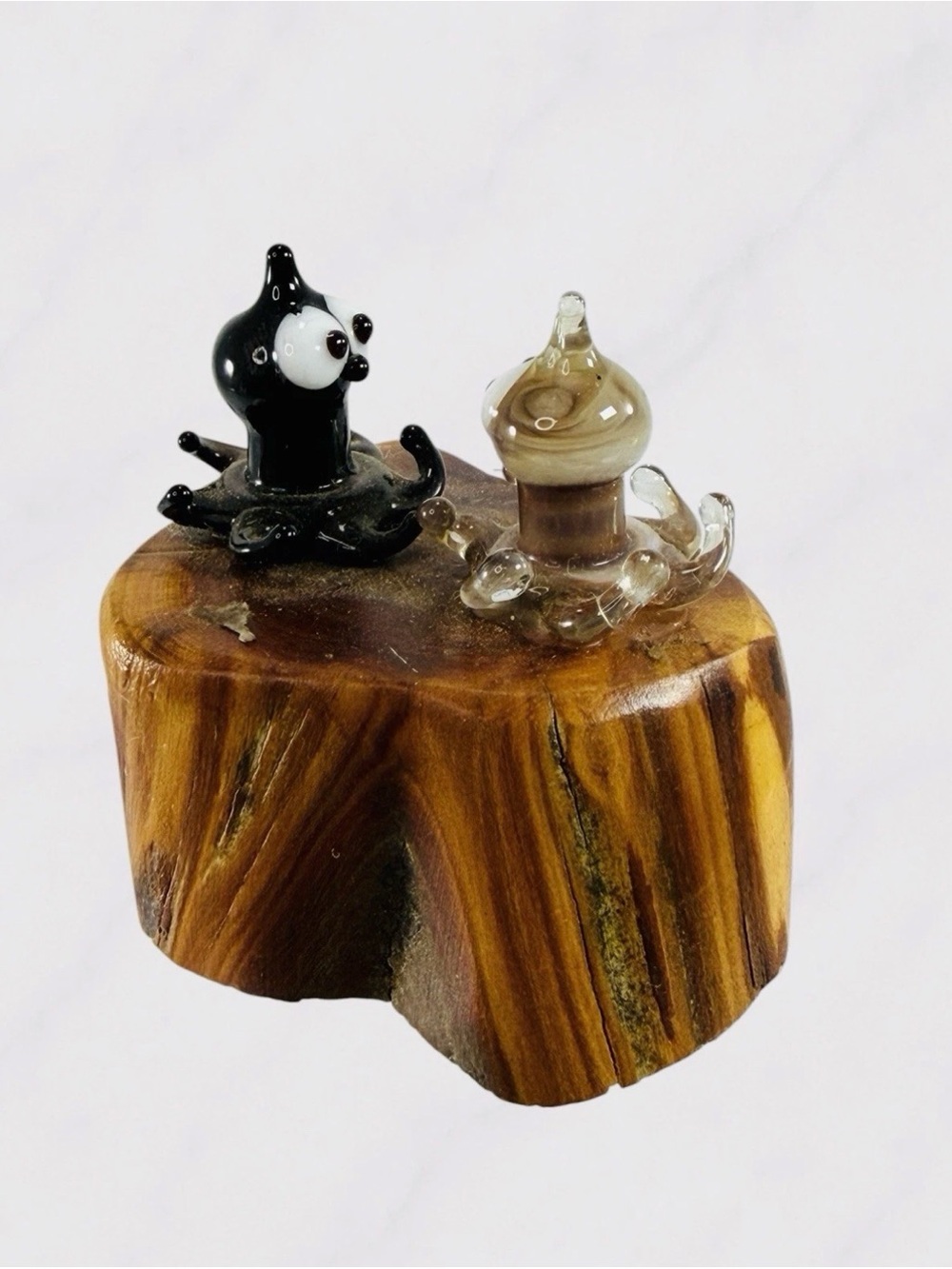 Blown Glass Octopus Figurine Sculpture Black Brown Sea Ocean Whimsical Wooden